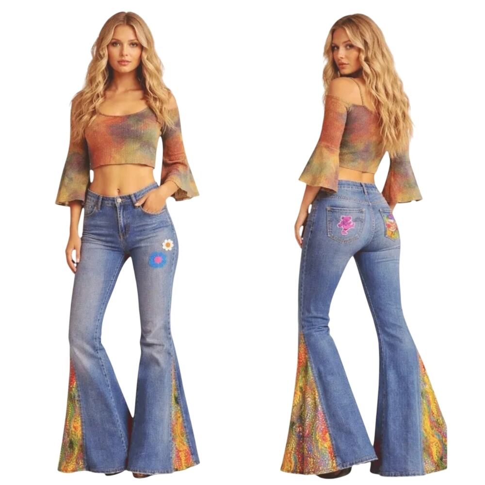 Energie X-Perience Y2K Custom Bell Bottom sz 31 Psychedelic Festival Flare J1737